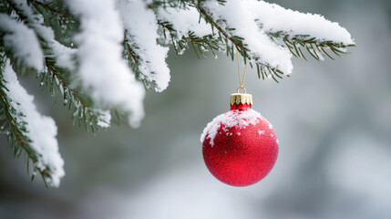 Red Christmas ornament hanging from snow-covered pine tree branch, winter holiday decoration concept