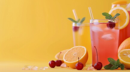 Fototapeta premium Refreshing Fruit-Infused Beverages on Yellow Background With Citrus and Cherry Garnishes