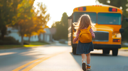 A young girl with a backpack runs towards a school bus on the first day of school, bathed in morning sunlight
