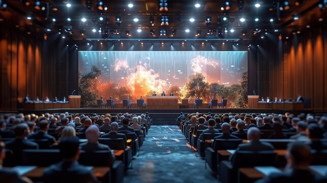 Official Conference With Supportive Audience in Grand Hall During a Dynamic Presentation at Night