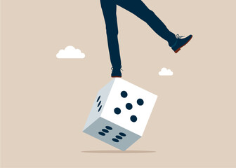 Crisis monetary policy number below zero growth. Greedy investor tries to balance himself by rolling unstable dice. Possibility of losing money. Flat vector illustration