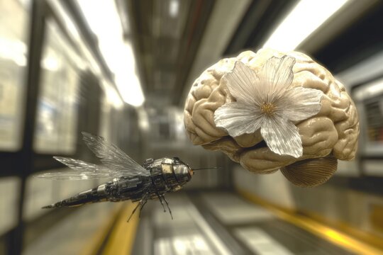 Futuristic Cyber Dragonfly Interacting with Artificial Intelligence Brain Amidst a Blurred Technological Background