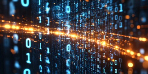 Digital binary code background with glowing lights and data streams, representing the digital age of technology