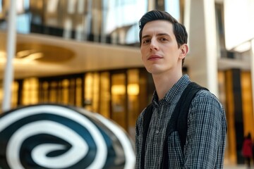Fototapeta premium Young Man with Backpack in Modern Urban Setting