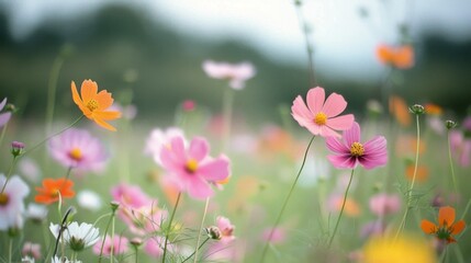 Fototapeta premium Colorful Wildflowers Blooming in a Meadow at Sunset