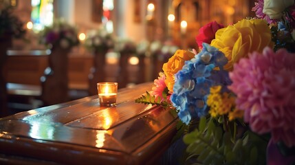 Wooden casket in the church with candle and colorful flower
