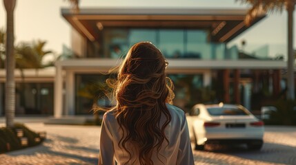 Woman Stands in Front of Modern House Admiring Luxury Car During Sunset