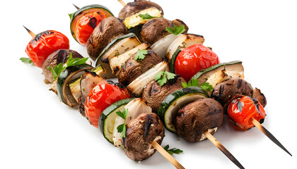 Delicious shish kebabs with mushrooms, tomato and zucchini isolated on white