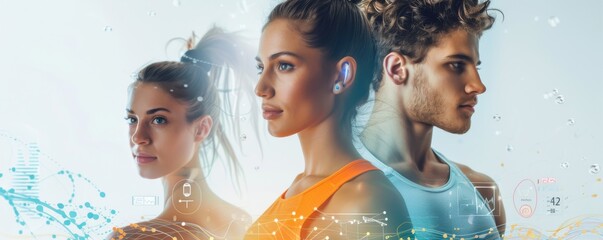 Smiling couple tracking fitness progress with smartwatches in bright room filled with technology graphics