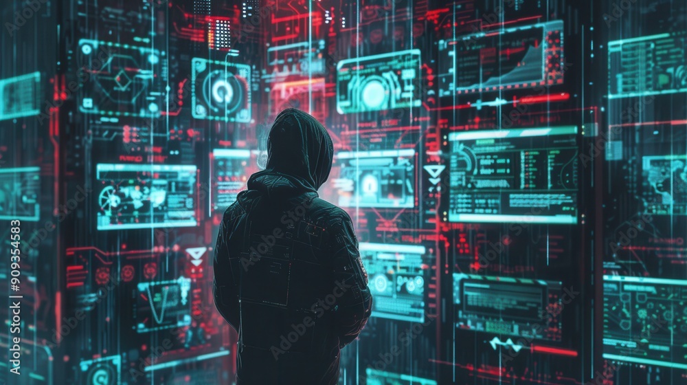 Aufkleber a hooded figure examines complex data on glowing screens in a dark environment, illuminated by vibra