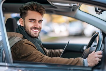 transport, business and communication concept - smiling male passenger or businessman using smartphone on back seat of taxi car. Beautiful simple AI generated image in 4K, unique.