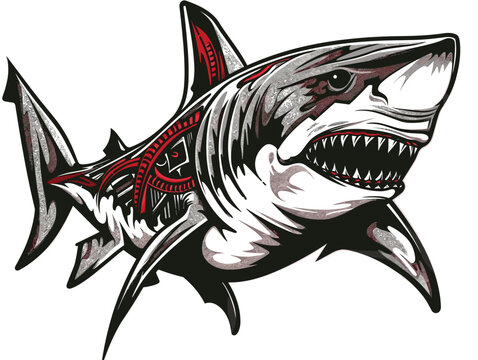 A shark with a red and black design on its body. The shark is in the middle of the image and has a menacing look