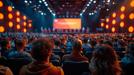 Attendees Engaged in Discussion at a Large Conference in a Convention Center Venue