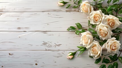 Roses on white wooden background.