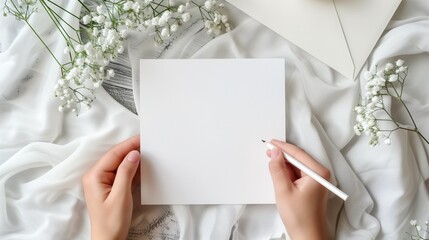 Female hands writing wedding invitation card. blank paper card envelope notebook gypsophila on table with linen tablecloth. flat lay top view.