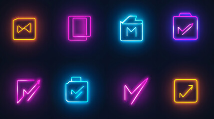 "Neon icon set featuring mobile, charger, and notice symbols. Set includes red, blue, and yellow neon vector icons."