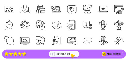 Loyalty program, Video conference and Info line icons for web app. Pack of Yoga, Builder warning, Messenger pictogram icons. Trade infochart, Carry-on baggage, Dots message signs. Search bar. Vector