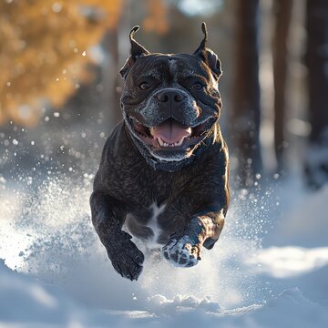 Cane Corso Italian mastiff dog running and smiling isolated in the winter