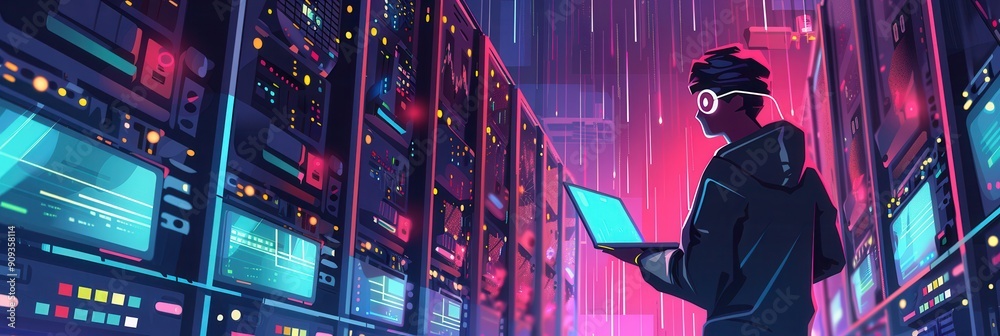 Aufkleber a hacker stands in a vibrant, illuminated server room, focused on a laptop, while rain pours down ou