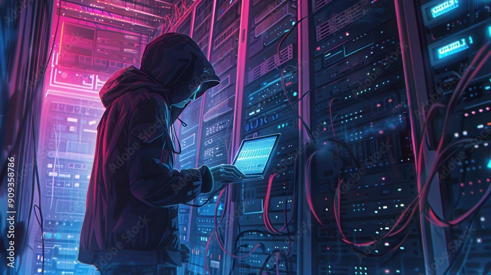 Aufkleber a hooded figure operates a laptop in a neon-lit server room, surrounded by rows of blinking servers 