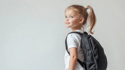 little girl in white t-short with and black backpack