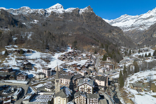 Aerial view of Alagna Valsesia in the italian alps, Piedmont Region