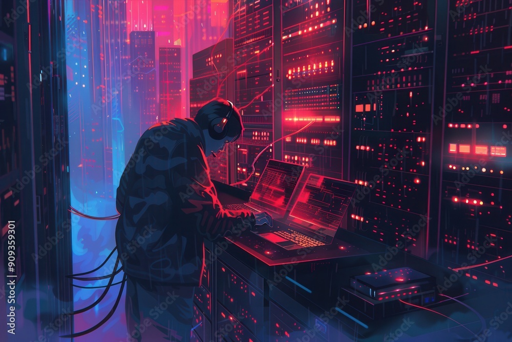 Poster a hacker works intently at multiple screens in a data center, illuminated by vibrant red and blue li