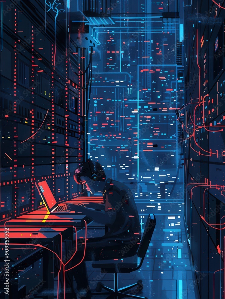 Aufkleber a hacker focuses intently on a laptop, surrounded by glowing computer screens and data displays in a