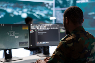 Officer managing surveillance cctv system with data analysis and processing, gathering real time...