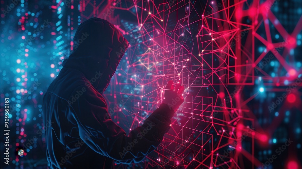 Aufkleber A hacker interacts with a dynamic digital network illuminated by neon colors, showcasing advanced technology in a dark cyber setting. Generative AI