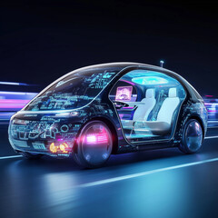 Fototapeta premium Autonomous car concept. Driverless vehicle., A photo-realistic 4K image showcasing a futuristic scenario where an individual wearing a VR headset is multitasking by driving a car