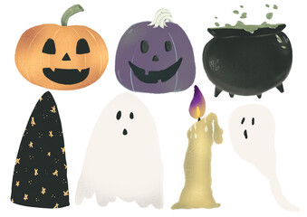 Ilustração digital dia das bruxas, abóboras-meninas laranja, abóboras-meninas roxa, caldeirão de bruxa, fantasma, vela, chapéu de mago