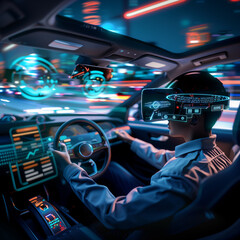 Autonomous car concept. Driverless vehicle., A photo-realistic 4K image showcasing a futuristic scenario where an individual wearing a VR headset is multitasking by driving a car
