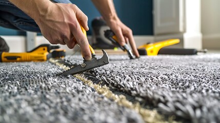 Working installing new carpet showing tools