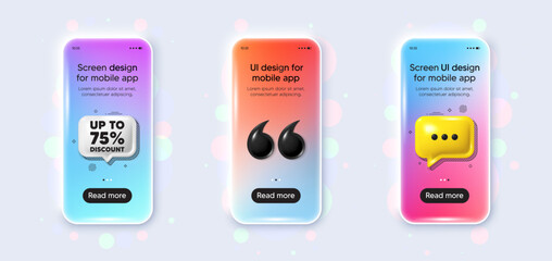 Phone 3d mockup gradient screen. Up to 75 percent discount. Sale offer price sign. Special offer symbol. Save 75 percentages. Discount tag phone mockup message. 3d chat speech bubble. Vector