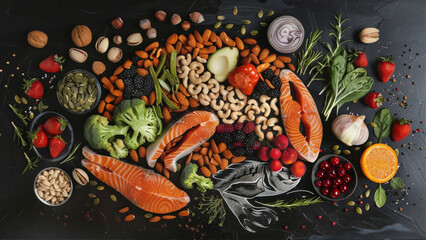 Chalk hand drawn brain picture with assorted food, food for brain health and good memory: fresh salmon, vegetables, nuts, berries, Foods to boost brain power