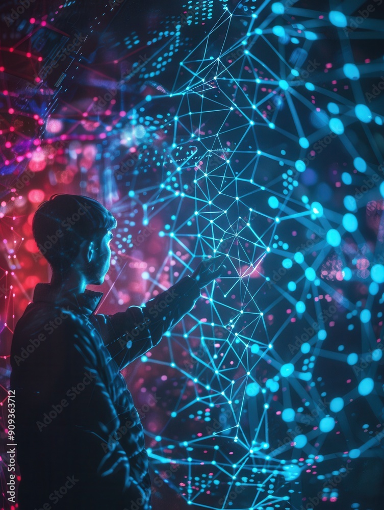 Poster a young hacker interacts with vibrant, interconnected data visualizations in a high-tech digital env