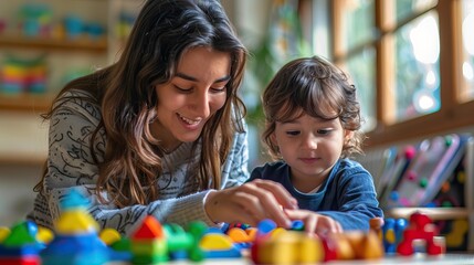 Fototapeta premium Happy Mother and Child Playing with Colorful Educational Toys at Home