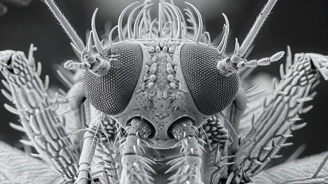 A mosquito is magnified under a microscope, showcasing its complex eyes and fine details of its body in a laboratory setting