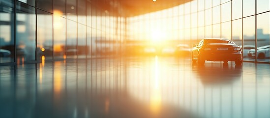 Black Sedan Parked in Modern Glass Building With Sunset Reflection