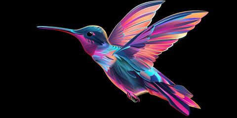 3D art of a hummingbird isolated on a black background, featuring colorful, neon colors
