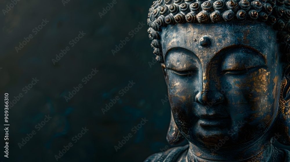 Wall mural Antique bronze Buddha statue with intricate curls on a dark background