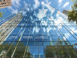 Reflective Glass Facade of Modern Skyscraper Under Clear Blue Sky in Urban Cityscape