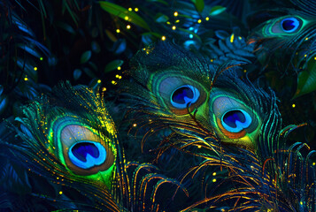 Fototapeta premium bioluminescent peacock feathers, bioluminescent rainforest background, colorful