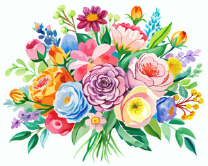 cartoon vector illustration of various beautiful watercolor flower bouquet, white isolated background, wedding card