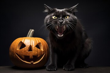 Hissing black cat sits near a carved pumpkin in a spooky halloween scene, with a dark background adding to the scary vibe