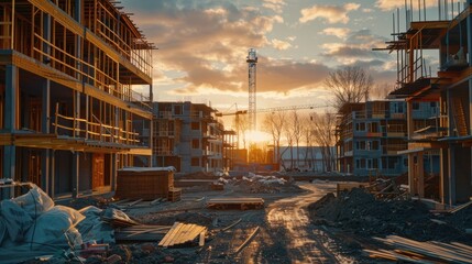 Construction Site at Sunset With Cranes and Rising Buildings in Progress