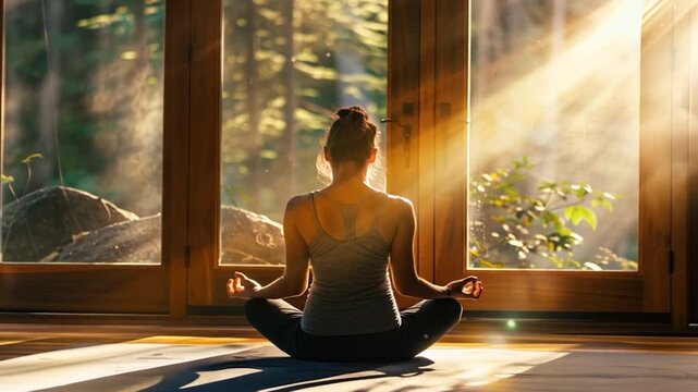 A woman practices yoga in a cabin, bathed in soft morning light with trees visible through large windows, creating a tranquil atmosphere for mindfulness