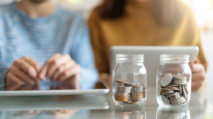 Couple Collaboratively Reviewing Finances, Emphasizing Saving with Tablet and Coin Jars