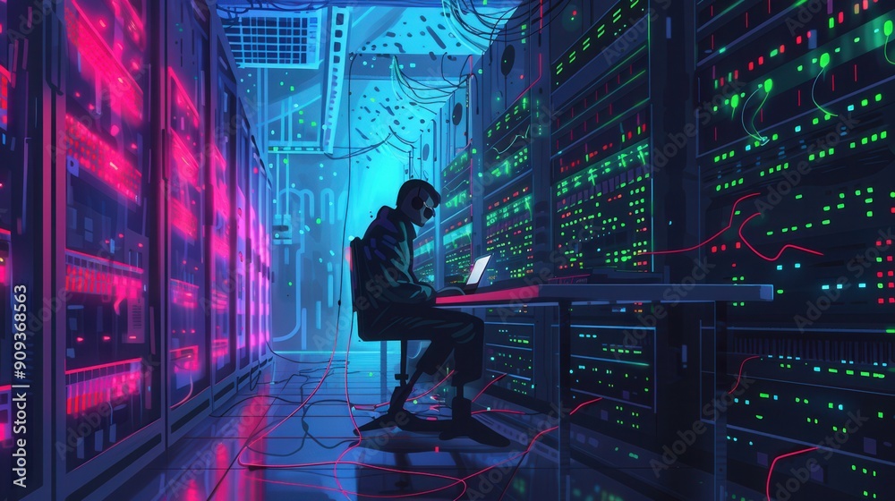 Aufkleber a hacker engages in covert activities inside a vibrant server room filled with glowing technology la
